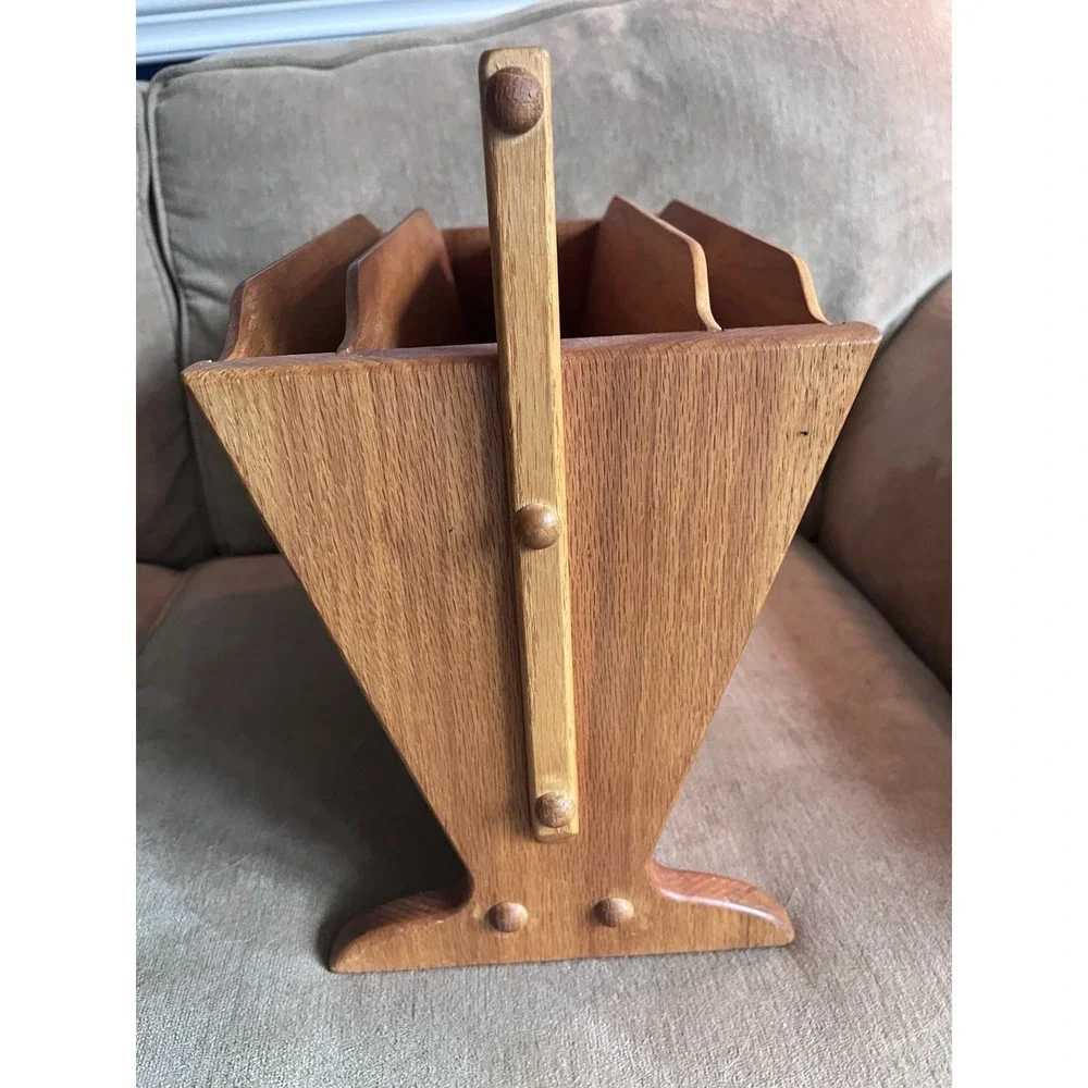 Vintage Oak Wooden Magazine Rack With Handle Adjustable Wheat Design